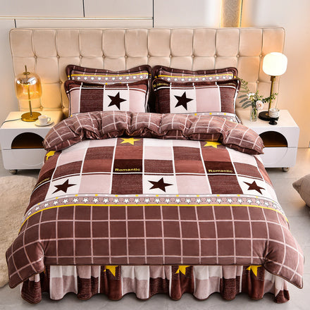 High GSM Milk Fleece Printed Four-piece Set with Bed Skirt Quilt Cover Set