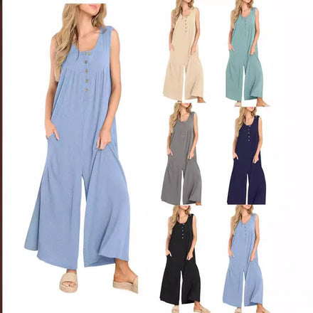 2025 Summer New Arrival Women's Fresh Casual Jumpsuit with Pockets Lightweight Linen Blend Loose Fit Vacation Outfits