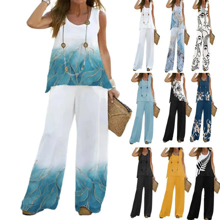 2025 Summer Casual Women's Printed Sleeveless Top with Elastic High-Waist Loose Pants Two-Piece Set
