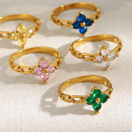 Dreamshow Fashion Jewelry Rings Colorful Zircon Flower Signet Ring Set 18k Gold Plated Stainless Steel Jewelry Set