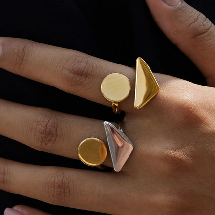J&D Minimalist Asymmetric Opening Ring with Geometric Pattern 18K Gold Plated Stainless Steel Ring