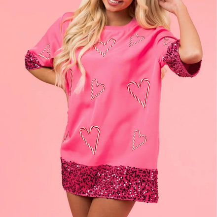 2025 Pink Crewneck Fashionable Casual Comfortable Short-Sleeve T-Shirt with Heart Print for Women