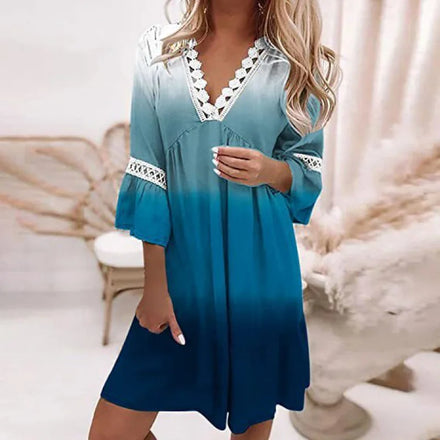 Wholesale Custom Blue Ombre A-Line Dress with White Lace Trim and Bell Sleeve for Ladies Casual Summer Beach Day and Events