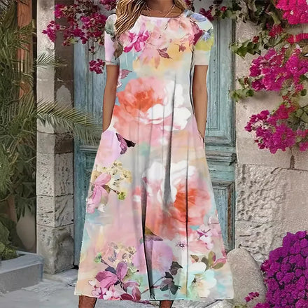 2025 Spring-Summer Elegant Fashion Floral Print Short-Sleeve Mid-Length A-Line Dress for Women