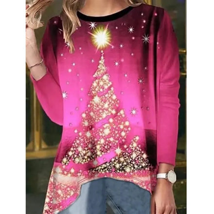 2025 Bestselling European and American Women's Autumn Christmas Tree Printed Crew Neck Long-Sleeve T-Shirt Top