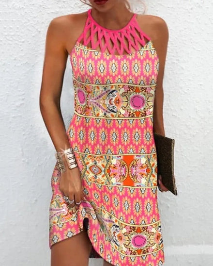 2025 European and American Spring-Summer New Style Ethnic-style Positioning Print Mesh Strap Sleeveless Casual Women's Dress
