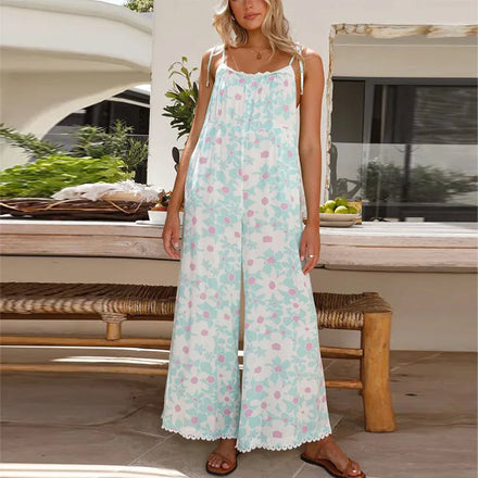2025 Spring-Summer Soft Style Fresh Sweet Floral Print Lightweight Polyester Women's Jumpsuit