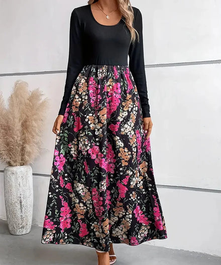 2025 Autumn/Winter Fashion Elegant Floral Print Color-Block Long-Sleeve Crew-Neck A-Line Dress