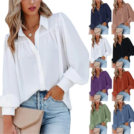 2025 Women's Long-Sleeve Loose Shirt with Button Front Lantern Sleeves Pleats Solid Color and Turn-Down Collar