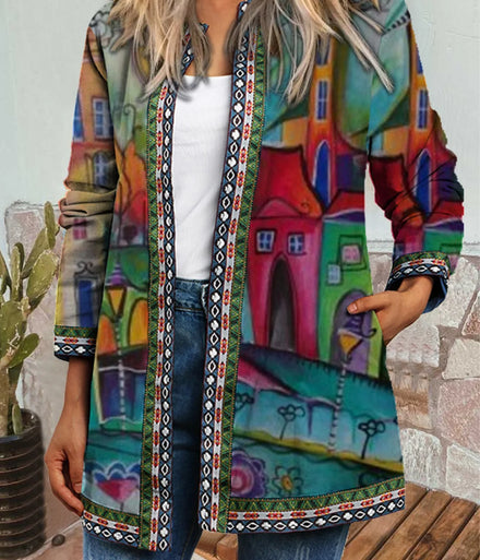 2025 Autumn - Winter New Style Retro Ethnic - Style Printed Long - Sleeve Cardigan - Style Sweatshirt Coat for Women