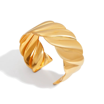 J&D Stackable Jewelry Chunky Bangle 18K Gold PVD Plated Starfish Textured Cuff Bracelet with Glass Pearl for Fashion Women