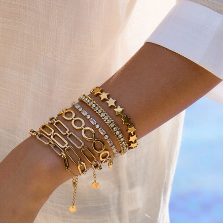 J&D 18K Gold Plate Stainless Steel Bracelet Trendy Classic Round White Zircon Jewelry Buckle Bracelet