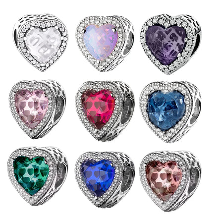 Wholesale Price S925 Sterling Sliver 12 Birthstones Colorful Love Heart Zirconia Charms Bead Fit Snake Bracelet Women Jewelry