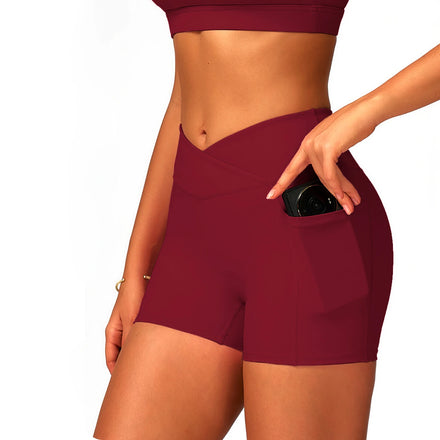 GC High Waist Yoga Shorts for Women Cross Waist Pocket Tight Yoga Pants Outdoor Running Cycling Sports Shorts Summer New YG293