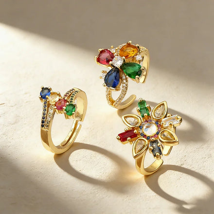 QIKU New Adjustable Ring Copper 18K Gold Plated Waterdrop Round Colorful Design for Woman Man Personalization Creativity Gift