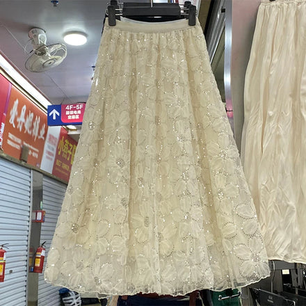Spring Solid Sequined Straight Skirt Women Sweet Mesh Midi Skirts for Girls Retro Skirt Clothes Women Wholesale