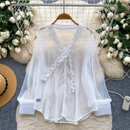 Autumn Full Sleeve V-neck Casual Chiffon Blouses Women Solid Shirts Ladies Casual Tops Clothes Women Wholesale
