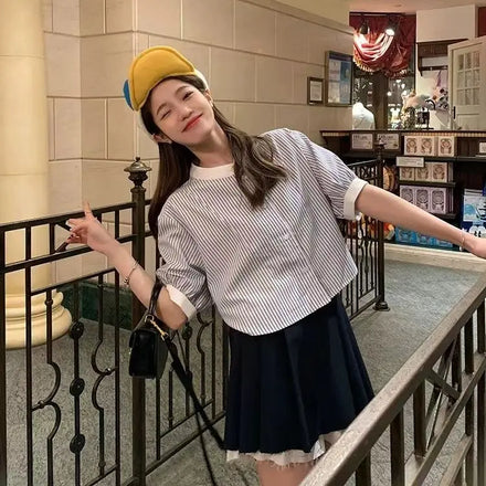 Women's Color-Block Striped Long-Sleeve Shirt - 2025 New Early Autumn Style Short-Length Casual Loose-Fit & Versatile Top