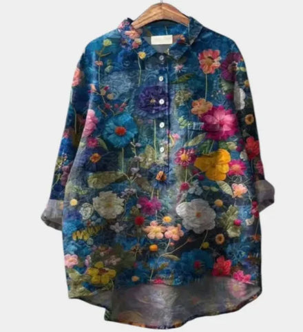 2026 Modern Polyester Floral Printed Blouse with Turn-down Collar Women's Blouses & Shirts for Daily Casual Streetwear Outfits