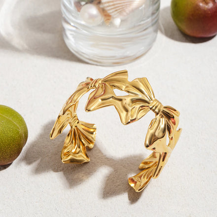 J&D Sweet Romantic 18K Gold Stainless Steel Bangle Bow Opening Jewelry Bracelet Fashionable