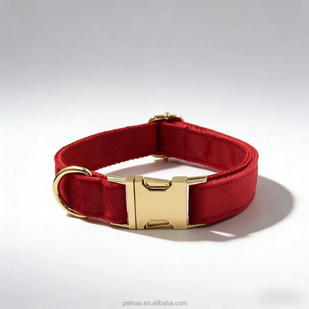 Custom Laser Buckle logo Luxury Dog Collar with Leash Poop Bag and Bowtie in Stock Wholesale Red Velvet Material Unique Design