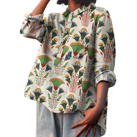 2025 New Summer Women's Stylish Comfortable Casual Loose-Fit Colorful Printed Rolled-Collar Blouse