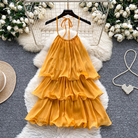 2025 Summer Roman Halter Ruffle Mini Dress for Women Empire Patchwork Ruffled Lace Dress