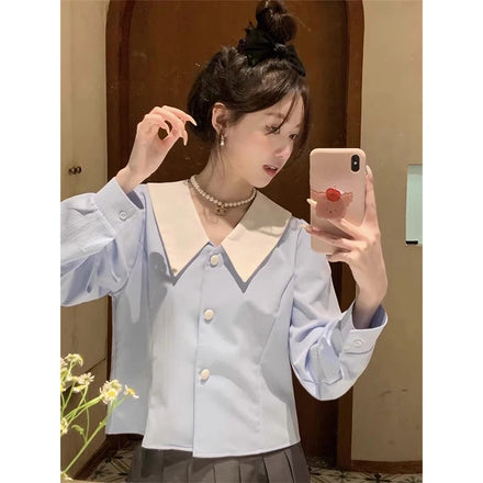 2025 New Style Women's Blue-White Striped Long-Sleeve Shirt - Elegant & Versatile Fashionable Korean-Style Color-Block Blouse