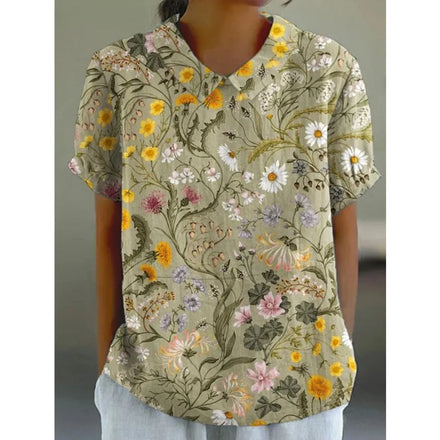 2025 Fashionable Comfortable and Casual Summer Short-sleeved Printed Pullover with Rolled Collar Shirt