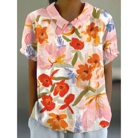 2025 Fashionable Comfortable and Casual Summer Short-sleeved Printed Pullover with Rolled Collar Shirt