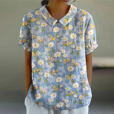 2025 Fashionable Comfortable and Casual Summer Short-sleeved Printed Pullover with Rolled Collar Shirt