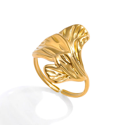 J&D 18K Gold Plated Stainless Steel Ring Stackable Jewelry Tarnish-Free Leave Shape Opening Ring