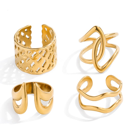 J&D Jewelry Ladies Modern Minimalist 18K Gold Stainless Steel Mesh Hollowed Wide Open Ring