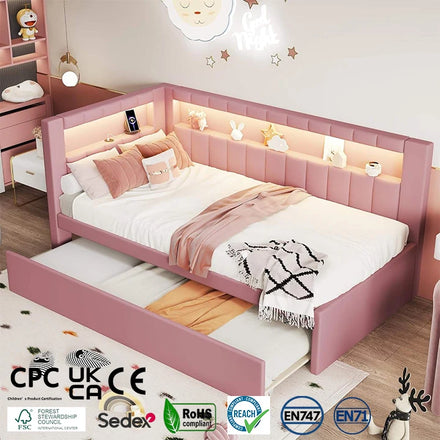 Modern Twin Size Upholstered Platform Bed USB Ports Wood Slat Support Storage Bed Frame Headboard Daybed Bedroom Apartment