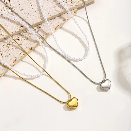 Latest Factory Direct Supply Pearl Heart Pendant Stainless Steel Gold Plated Double Necklace Waterproof Jewelry for Women