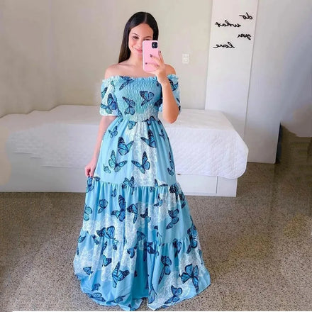 2025 New Arrival Women's Western Fashion Dress for Spring & Summer Off-Shoulder Floral Print Stylish Long Dress