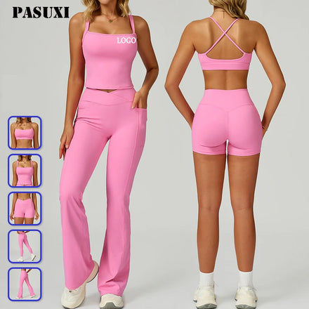 PASUXI 2025 New Women Seamless Gym Wear Sports Halter Bra Running High Waist Fitness Yoga V Shape Leggings Workout Sets
