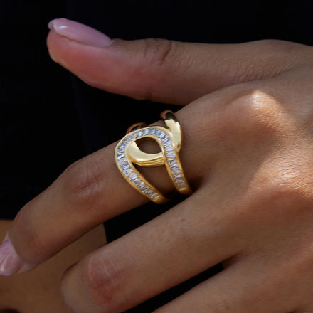 J&D Women's Modern White Rhinestone Wapped Geometric Opening Ring 18K Gold Stainless Steel Ring Jewelry