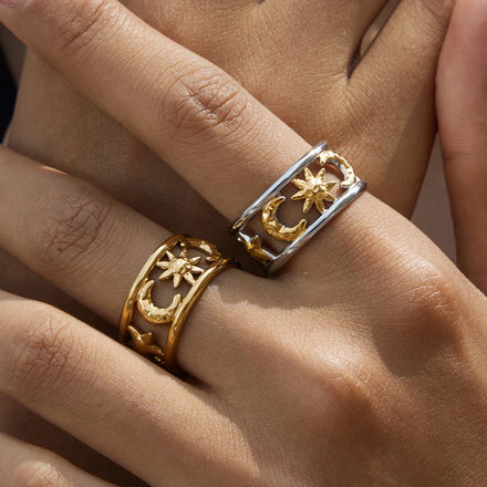 J&D Minimalist 18k Gold Fashion Ring Women Jewelry Starry Moon Hollow Double Layered Open Ring