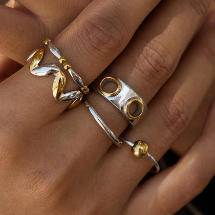 J&D Jewelry Ring 18K Gold Plated Stainless Steel Two Tone Wave Shape Opening Ring Chunky Ring for Woman