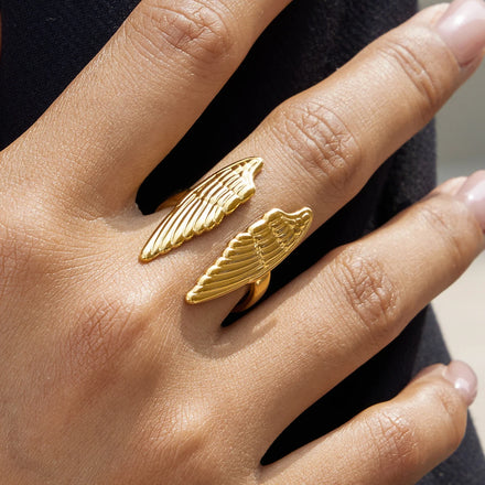 J&D Jewelry Ladies Modern Minimalist 18K Gold Stainless Steel Wing Shape Adjustable Open Ring