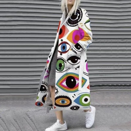 2025 New Arrival Women's Western Autumn Export Fashion | Long-Sleeve Turn-Down Collar Printed Wool Blend Long Coat