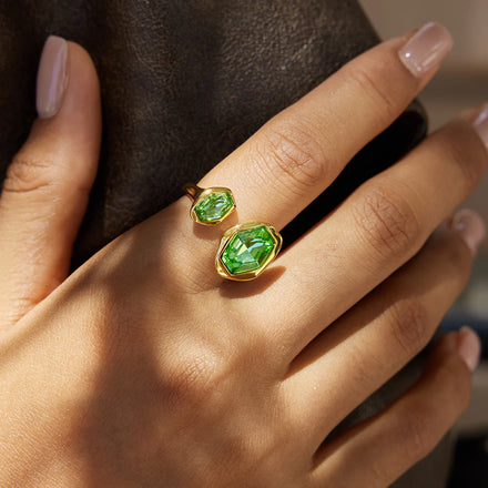 J&D Jewelry Ladies Modern Minimalist 18K Gold Stainless Steel Green Zircon Geometrically Asymmetric Open Ring