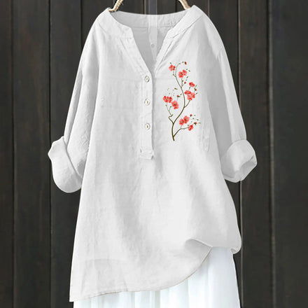 2025 Autumn New Loose Comfortable Stylish and Versatile Printed Long-sleeve V-neck Button Shirt