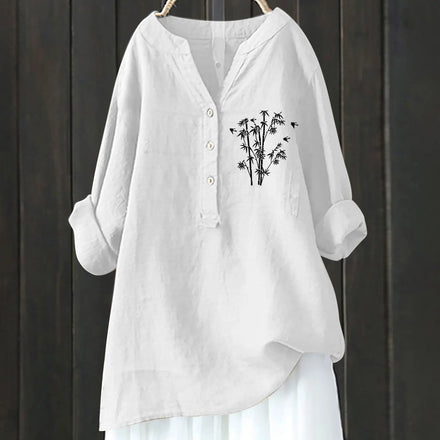 2025 Autumn New Loose Comfortable Stylish and Versatile Printed Long-sleeve V-neck Button Shirt