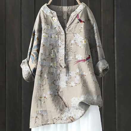 2025 Autumn New Loose Comfortable Stylish and Versatile Printed Long-sleeve V-neck Button Shirt