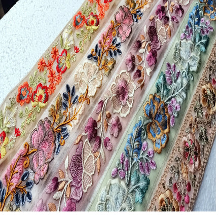 Premium Wholesale Eco-Friendly Vintage Sequins Floral Embroidered Voile Lace Trim Handmade Luxury Cotton Mesh Ribbon Border