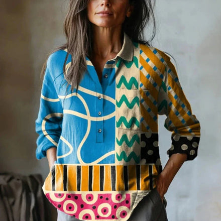 2025 Summer Elegant Office Ladies' New Loose Casual Printed Turnover Collar Long-sleeve Women's Blouse