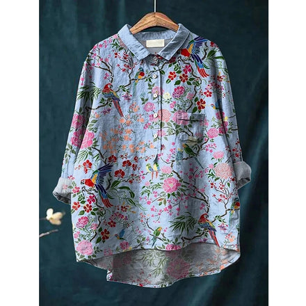 2025 Summer Elegant Office Ladies' New Loose Casual Printed Turnover Collar Long-sleeve Women's Blouse