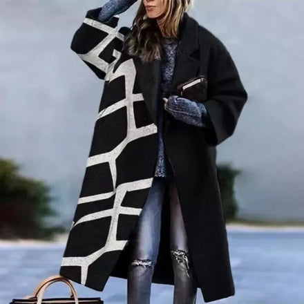 2025 New Arrival Women's Western Autumn Export Fashion | Long-Sleeve Turn-Down Collar Printed Wool Blend Long Coat